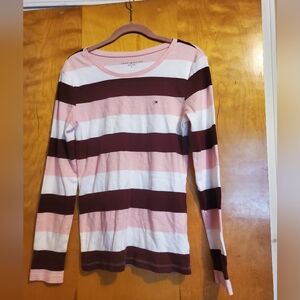 Tommy Hilfiger Women's Pink and Brown Striped Long Sleeve Tee